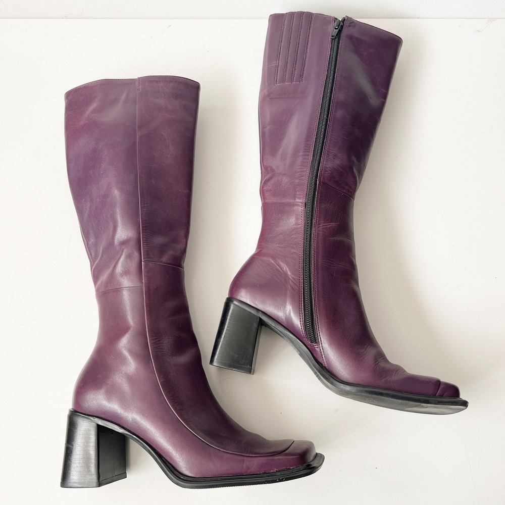 Vintage Purple Leather Square Toe Block Heel Tall Knee High Boots Size 6 90s Y2K